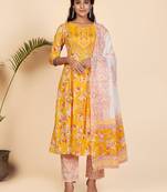 Embroidered & Sequience Work Anarkali Cotton Yellow Stitched Kurta Pant With Dupatta