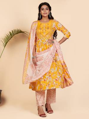 Embroidered & Sequience Work Anarkali Cotton Yellow Stitched Kurta Pant With Dupatta 2