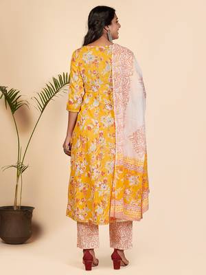 Embroidered & Sequience Work Anarkali Cotton Yellow Stitched Kurta Pant With Dupatta 3