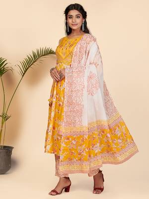 Embroidered & Sequience Work Anarkali Cotton Yellow Stitched Kurta Pant With Dupatta 4