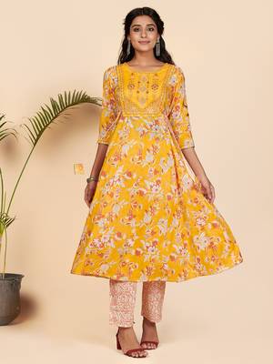 Embroidered & Sequience Work Anarkali Cotton Yellow Stitched Kurta Pant With Dupatta 5