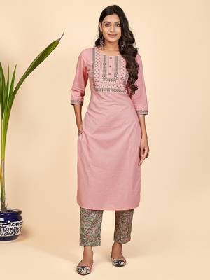 Printed & Embroidered Straight Cotton Light Pink Stitched Kurta Pant With Pant 1