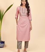 Printed & Embroidered Straight Cotton Light Pink Stitched Kurta Pant With Pant