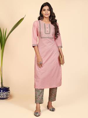 Printed & Embroidered Straight Cotton Light Pink Stitched Kurta Pant With Pant 2