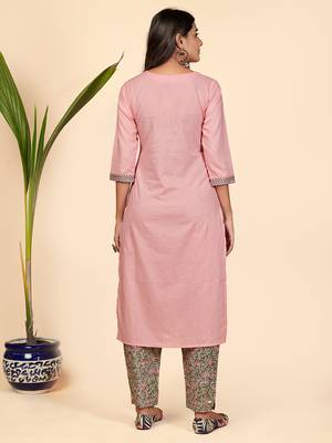 Printed & Embroidered Straight Cotton Light Pink Stitched Kurta Pant With Pant 3