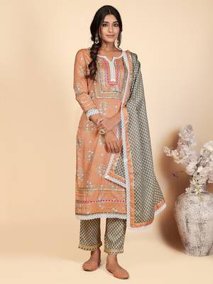 Printed & Lace Work Straight Rayon Orange Stitched Kurta Pant With Dupatta 1
