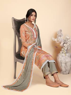 Printed & Lace Work Straight Rayon Orange Stitched Kurta Pant With Dupatta 2