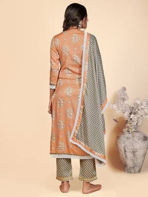 Printed & Lace Work Straight Rayon Orange Stitched Kurta Pant With Dupatta 3