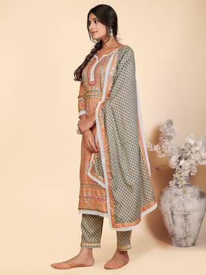 Printed & Lace Work Straight Rayon Orange Stitched Kurta Pant With Dupatta 4