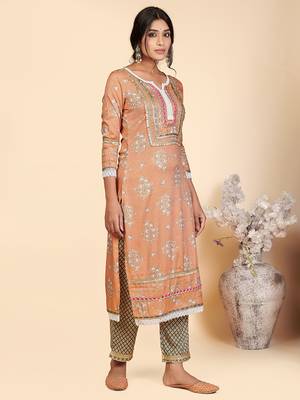 Printed & Lace Work Straight Rayon Orange Stitched Kurta Pant With Dupatta 5