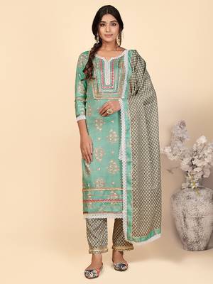 Printed & Lace Work Straight Rayon Turquoise Stitched Kurta Pant With Dupatta 1