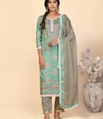 Printed & Lace Work Straight Rayon Turquoise Stitched Kurta Pant With Dupatta