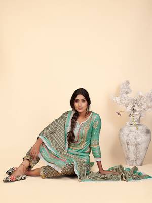 Printed & Lace Work Straight Rayon Turquoise Stitched Kurta Pant With Dupatta 2