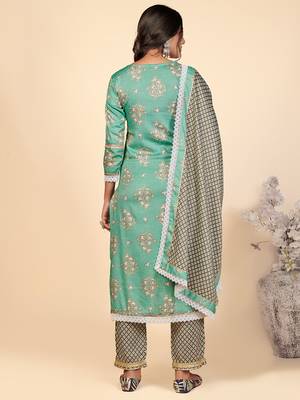 Printed & Lace Work Straight Rayon Turquoise Stitched Kurta Pant With Dupatta 3