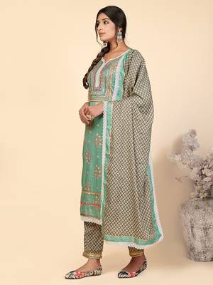 Printed & Lace Work Straight Rayon Turquoise Stitched Kurta Pant With Dupatta 4