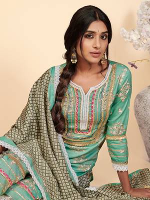 Printed & Lace Work Straight Rayon Turquoise Stitched Kurta Pant With Dupatta 5