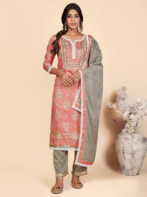 Printed & Lace Work Straight Rayon Pink Stitched Kurta Pant With Dupatta 1
