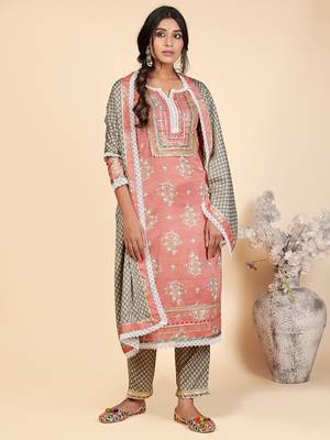 Printed & Lace Work Straight Rayon Pink Stitched Kurta Pant With Dupatta 2