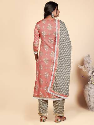 Printed & Lace Work Straight Rayon Pink Stitched Kurta Pant With Dupatta 3