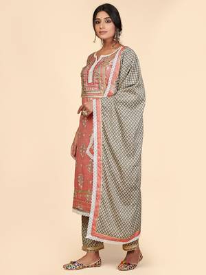 Printed & Lace Work Straight Rayon Pink Stitched Kurta Pant With Dupatta 4