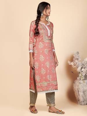 Printed & Lace Work Straight Rayon Pink Stitched Kurta Pant With Dupatta 5