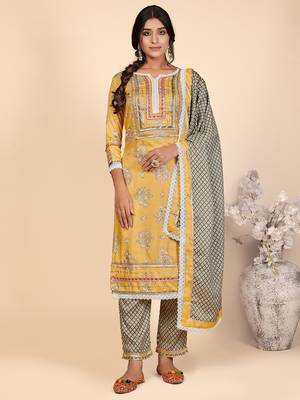 Printed & Lace Work Straight Rayon Yellow Stitched Kurta Pant With Dupatta 1