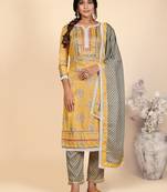 Printed & Lace Work Straight Rayon Yellow Stitched Kurta Pant With Dupatta