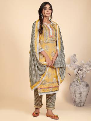Printed & Lace Work Straight Rayon Yellow Stitched Kurta Pant With Dupatta 2
