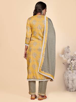 Printed & Lace Work Straight Rayon Yellow Stitched Kurta Pant With Dupatta 3