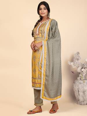 Printed & Lace Work Straight Rayon Yellow Stitched Kurta Pant With Dupatta 4