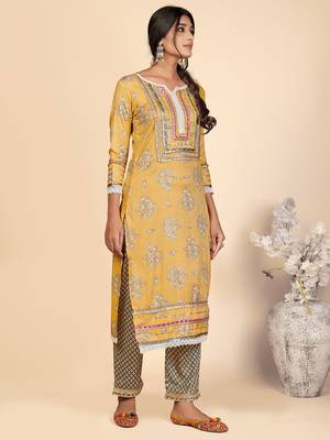 Printed & Lace Work Straight Rayon Yellow Stitched Kurta Pant With Dupatta 5
