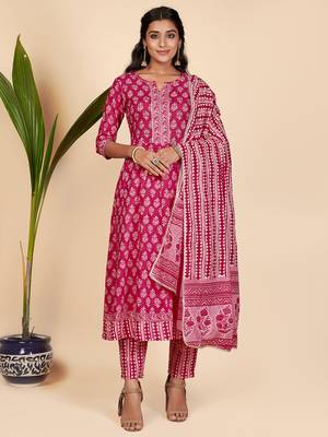 Printed & Lace Work Anarkali Cotton Pink Stitched Kurta Pant With Dupatta 1