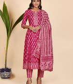 Printed & Lace Work Anarkali Cotton Pink Stitched Kurta Pant With Dupatta