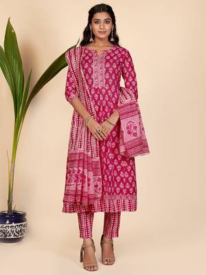 Printed & Lace Work Anarkali Cotton Pink Stitched Kurta Pant With Dupatta 2