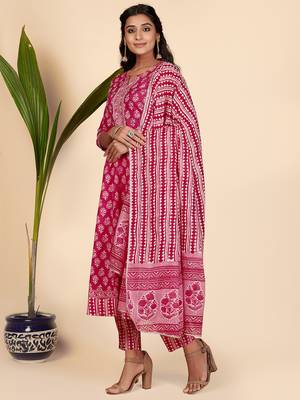 Printed & Lace Work Anarkali Cotton Pink Stitched Kurta Pant With Dupatta 4