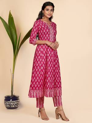 Printed & Lace Work Anarkali Cotton Pink Stitched Kurta Pant With Dupatta 5