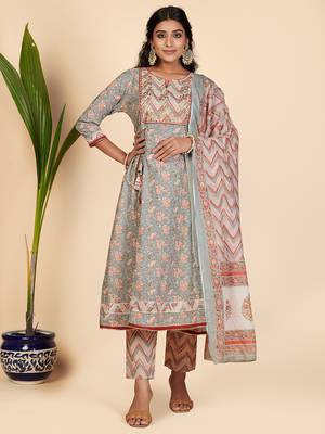 Printed & Embroidered Anarkali Cotton Grey Stitched Kurta Pant With Dupatta 1