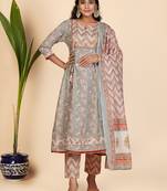 Printed & Embroidered Anarkali Cotton Grey Stitched Kurta Pant With Dupatta