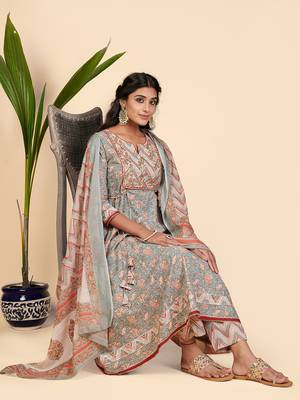 Printed & Embroidered Anarkali Cotton Grey Stitched Kurta Pant With Dupatta 2