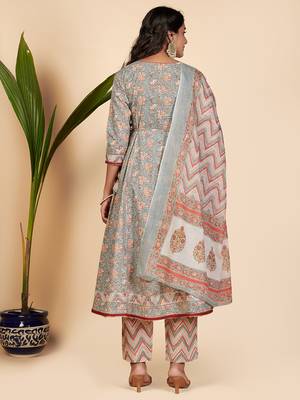 Printed & Embroidered Anarkali Cotton Grey Stitched Kurta Pant With Dupatta 3