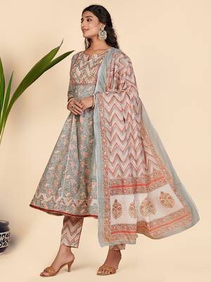 Printed & Embroidered Anarkali Cotton Grey Stitched Kurta Pant With Dupatta 4