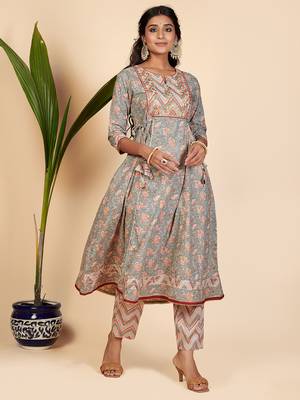Printed & Embroidered Anarkali Cotton Grey Stitched Kurta Pant With Dupatta 5