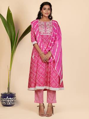 Bandhani Print & Embroidered Anarkali Cotton Pink Stitched Kurta Pant With Dupatta 1