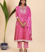 Bandhani Print & Embroidered Anarkali Cotton Pink Stitched Kurta Pant With Dupatta