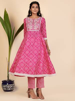 Bandhani Print & Embroidered Anarkali Cotton Pink Stitched Kurta Pant With Dupatta 2