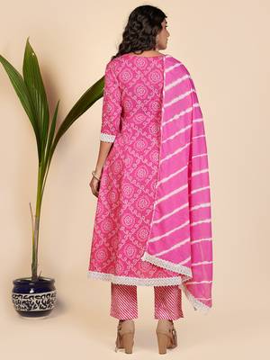 Bandhani Print & Embroidered Anarkali Cotton Pink Stitched Kurta Pant With Dupatta 3