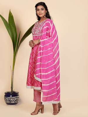 Bandhani Print & Embroidered Anarkali Cotton Pink Stitched Kurta Pant With Dupatta 4