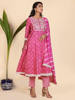 Bandhani Print & Embroidered Anarkali Cotton Pink Stitched Kurta Pant With Dupatta 5