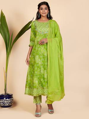 Bandhani Print & Embroidered Anarkali Cotton Parrot Green Stitched Kurta Pant With Dupatta 1