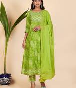 Bandhani Print & Embroidered Anarkali Cotton Parrot Green Stitched Kurta Pant With Dupatta